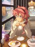  braid brown_eyes cellphone chef_hat cup food glasses hairband hat holding long_hair multiple_girls original pairan phone pink_hair plate short_hair sign single_braid sitting smile spoon sweater table teacup window 