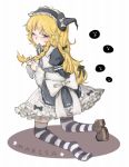  alternate_costume blonde_hair blush bow braid dress frills gothic_lolita hair_bow hairband hairdressing hat kirisame_marisa kneeling lolita_fashion long_hair mouth_hold red_eyes ribbon single_shoe solo striped striped_legwear thigh-highs thighhighs touhou turnnail witch_hat 