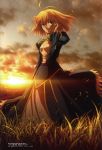  1girl absurdres armor blonde_hair dress fate/stay_night fate/zero fate_(series) grass green_eyes highres juliet_sleeves long_sleeves official_art puffy_sleeves saber short_hair smile solo twilight 