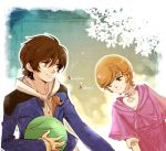  banagher_links brown_eyes brown_hair cloak couple green_eyes gundam gundam_unicorn hand_holding haro holding_hands hoodie jacket nochini orange_hair revision short_hair 