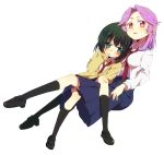  black_legwear blush cardigan green_eyes kajiki_yumi kneehighs loafers minnairu multiple_girls necktie purple_hair saki shoes short_hair sitting skirt touyoko_momoko 