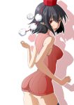  ass bare_shoulders black_hair black_legwear blush bottomless breasts hat kasuka naked_sweater no_pants open_mouth pointy_ears red_eyes ribbed_sweater shameimaru_aya short_hair sleeveless smile solo sweater thigh-highs thighhighs tokin_hat touhou 