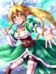  1girl blonde_hair blush braid breasts cleavage dress elf green_eyes highres kayama_kenji leafa long_hair looking_at_viewer outstretched_arm outstretched_hand pointy_ears ponytail smile solo sword_art_online twin_braids 