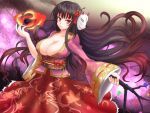 1girl alternate_costume black_hair breasts cleavage dress female fire flower fox_mask hair_flower hair_ornament houraisan_kaguya japanese_clothes jeweled_branch_of_hourai large_breasts long_hair mask red_eyes slit_pupils solo sumapan touhou