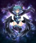  arcana_trust black_legwear blue_hair cape demon_horns demon_tail elbow_gloves gloves hair_over_one_eye highres low_wings pointy_ears red_eyes shinrabanshou short_hair solo tail thighhighs tsuto wings 