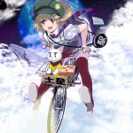  :d bicycle blonde_hair blush cat cloud green_eyes hat holding light long_hair masao necktie open_mouth original planet red_legwear smile solo striped striped_necktie text thigh-highs thighhighs translated translation_request whale 