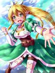  1girl blonde_hair blush braid breasts cleavage dress elf green_eyes highres kayama_kenji leafa long_hair looking_at_viewer open_mouth outstretched_arm outstretched_hand pointy_ears ponytail solo sword_art_online twin_braids 