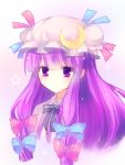  bow bust crescent hair_bow hat long_hair matsunon_(artist) patchouli_knowledge purple_eyes purple_hair ribbon sketch solo touhou vertical_stripes violet_eyes white_background 