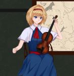  alice_margatroid blonde_hair blue_eyes capelet chair dormeuil dress hairband highres instrument map ribbon sash short_hair sitting smile solo string touhou violin 