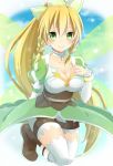  blonde_hair blush braid breasts choker cleavage collarbone elf fairy_wings green_eyes highres i_m_a leafa long_hair looking_at_viewer pointy_ears ponytail smile solo sword_art_online thigh-highs thighhighs twin_braids white_legwear wings 