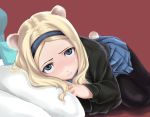  aleksandra_i_pokryshkin animal_ears bear_ears bear_tail black_legwear blonde_hair blue_eyes blush hairband lying multiple_girls nikka_edvardine_katajainen pantyhose skirt strike_witches tail takenaka_koudai white_legwear 