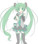  detached_sleeves gotou_nao green_eyes green_hair hair_ornament hatsune_miku headphones headset long_hair microphone necktie open_mouth reaching simple_background skirt solo thigh-highs thighhighs twintails vocaloid white_background work_in_progress zettai_ryouiki 