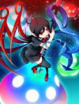 asymmetrical_wings black_hair black_legwear chima_q dress highres houjuu_nue licking long_hair pointy_ears polearm red_eyes slit_pupils snake solo thighhighs tongue tongue_out touhou trident ufo weapon wings 