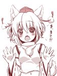  :o animal_ears bare_shoulders blush bust detached_sleeves fang hands_up inubashiri_momiji irori looking_at_viewer monochrome navel open_hands panty_&amp;_stocking_with_garterbelt short_hair solo tail tail_wagging touhou translation_request white_background wolf_ears 