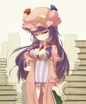  blueberry_(5959) book bow breasts capelet crescent dress hair_bow hat hat_ribbon holding holding_book long_hair patchouli_knowledge purple_eyes purple_hair ribbon solo striped too_many_books touhou vertical_stripes violet_eyes 