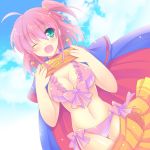  1girl bikini breasts cape cleavage green_eyes happy pink_hair short_hair side_ponytail skirt sky solo swimsuit tokinon undressing wink 