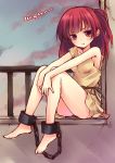  :t barefoot blush breasts cuffs full_body izumiyuhina long_hair looking_at_viewer magi_the_labyrinth_of_magic morgiana off_shoulder red_eyes red_hair redhead rough shackles side_ponytail sitting solo 