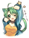  ;d ahoge animal_ears blush cat_ears cat_tail collarbone enomoto_hina female green_eyes green_hair open_mouth original paw_pose sharon_(dodomayo) short_hair simple_background smile solo star tail text translated translation_request white_background wink 