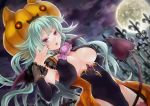  bat bat_wings breasts candy_wrapper cleavage_cutout demon_tail full_moon green_hair halloween highres jack-o'-lantern long_hair looking_at_viewer moon night original pink_eyes pumpkin solo tail tsuto wings 