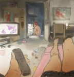  1girl boxers controller couch drawfag fantasy figure game_controller long_hair messy messy_room neon_genesis_evangelion orange_hair panties poster_(object) pov refrigerator remote_control soryu_asuka_langley souryuu_asuka_langley squatting striped striped_panties television topless underwear watching_television 