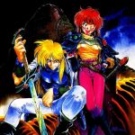  1boy 1girl 90s ;d araizumi_rui belt blonde_hair boots cover cover_page crossed_legs dated fantasy gourry_gabriev legs_crossed lina_inverse long_hair official_art open_mouth pants pauldrons red_eyes red_hair redhead scan shirt signature sitting slayers smile sword thigh_gap weapon wink 