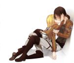  2girls all_fours boots christa_renz closed_eyes full_body hand_on_head hasumi_shizuko jacket kiss long_sleeves multiple_girls pants shingeki_no_kyojin short_hair sitting uniform white_background ymir_(shingeki_no_kyojin) yuri 