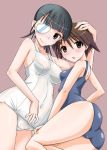  ass blush breasts brown_eyes brown_hair clothed_navel eyepatch long_hair miyafuji_yoshika multiple_girls rentaichou sakamoto_mio school_swimsuit short_hair smile strike_witches swimsuit white_school_swimsuit 