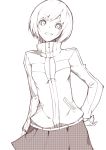  absurdres grin hand_on_hip highres looking_at_viewer monochrome persona persona_4 satonaka_chie school_uniform short_hair sketch skirt smile solo sukocchi track_jacket 