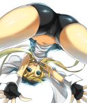  aqua_eyes bike_shorts blonde_hair bridget_(guilty_gear) bulge fang fingerless_gloves gloves guilty_gear kazutani_ninshi long_hair male navel open_mouth simple_background solo trap white_background 