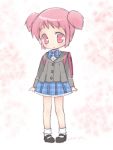  :&gt; bow child drill_hair kaname_madoka ko_ru_ri mahou_shoujo_madoka_magica mary_janes pink_eyes pink_hair plaid plaid_bow plaid_skirt school_uniform shoes short_twintails skirt smile solo twin_drills twintails young 