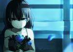  bad_id bare_arms bare_shoulders black_dress black_hair blue_eyes blue_rose collarbone dress flower holding holding_flower long_hair looking_at_viewer moonlight night off_shoulder ogipote original petals rose shadow sleeveless sleeveless_dress solo 