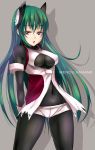  :o bodysuit breasts clothed_navel fukai_ryousuke green_hair grey_background hair_ornament highres long_hair menou_kaname original pink_eyes shadow short_shorts shorts solo 