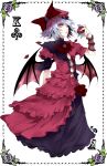  alternate_costume atoshi bat_wings blue_hair border bow card_(medium) dress flower hat hat_bow highres holding looking_at_viewer petals red_eyes remilia_scarlet solo touhou wings 