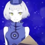  bare_shoulders book dress elizabeth_(persona) hat persona persona_3 short_hair sleeveless smile solo white_hair yellow_eyes 
