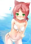  animal_ears arm_behind_back bare_shoulders bikini blush body_blush breasts cat_ears cleavage front-tie_top green_eyes hato_(hatoya) lens_flare navel original red_hair redhead short_hair side-tie_bikini solo standing swimsuit water white_swimsuit 