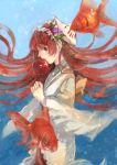  aono_(091139) blurry candy_apple eating fish floating_hair flower hair_flower hair_ornament hairband japanese_clothes kimono mask original red_eyes red_hair redhead side solo underwater wide_sleeves yukata 