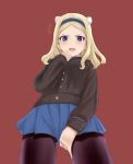  aleksandra_i_pokryshkin animal_ears bear_ears black_legwear blonde_hair blue_eyes blush extra_ears fang flying_sweatdrops from_below hairband jacket pantyhose skirt solo strike_witches takenaka_koudai 