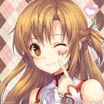  ;) argyle argyle_background artist_name asuna_(sao) bare_shoulders blush breastplate brown_eyes brown_hair detached_sleeves face_writing female heart long_hair looking_at_viewer lowres momoko_(momopoco) smile solo sword_art_online wink 