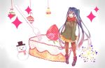  blue_eyes blue_hair cake clow coat earmuffs food fork hatsune_miku long_hair open_mouth pantyhose scarf solo twintails very_long_hair vocaloid 