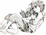  1girl couple crystal_(pokemon) gold_(pokemon) hand_on_head hk_(nt) hug lying monochrome pokemon pokemon_special traditional_media twintails 