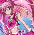 armpits blue_eyes brooch choker cure_melody earrings haruyama heart houjou_hibiki jewelry long_hair looking_at_viewer magical_girl midriff pink_hair precure smile solo suite_precure twintails 