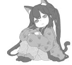  animal_ears cat_ears cat_tail k-on! kuzu_kow leg_hug long_hair looking_at_viewer monochrome nakano_azusa paw_print simple_background solo tail white_background 
