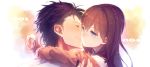  1girl arms_around_neck black_hair blue_eyes blush brown_hair closed_eyes couple eyes_closed long_hair makise_kurisu misti okabe_rintarou side smile steins;gate 