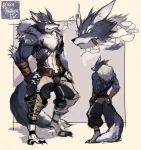  1boy blue_eyes character_sheet cigar earrings jewelry male muscle ookami_(pixiv27280) pixiv_fantasia pixiv_fantasia_4 shirtless solo standing werewolf 