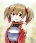  :d artist_name blush breastplate brown_hair hair_ribbon highres kem_kem open_mouth red_eyes revision ribbon short_twintails silica smile solo sword_art_online twintails 