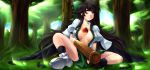  arm_cannon black_hair black_wings blush breasts feathers gin_kagami highres long_hair mismatched_footwear navel open_clothes open_mouth open_shirt reiuji_utsuho sitting skirt sleeping solo third_eye touhou tree weapon wings 