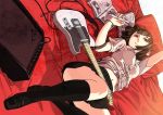  amplifier bed book brown_hair fujita_(condor) guitar hime_cut instrument looking_at_viewer lying navel on_back original pen red_eyes shoes skirt solo 
