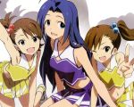  artist_request blue_eyes blue_hair brown_eyes brown_hair cheerleader futami_ami futami_mami hair_bobbles hair_ornament idolmaster long_hair midriff miura_azusa multiple_girls navel open_mouth pom_poms short_ponytail side_ponytail smile v wink 