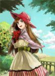  :d aono_(091139) aqua_eyes bangs bouquet brown_hair capelet cloud clouds dress fence field flower hat holding long_hair looking_back nature open_mouth original parted_bangs rose shade sky smile solo striped striped_dress tree vertical_stripes 