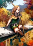  autumn belt blonde_hair blush boots bow_(weapon) braid breasts brown_eyes buckle cloak dragon&#039;s_crown dragon's_crown elf elf_(dragon&#039;s_crown) elf_(dragon's_crown) forest gloves highres hood kurumayama nature pointy_ears revision shorts sitting solo thigh-highs thigh_boots thighhighs tree twin_braids weapon zettai_ryouiki 